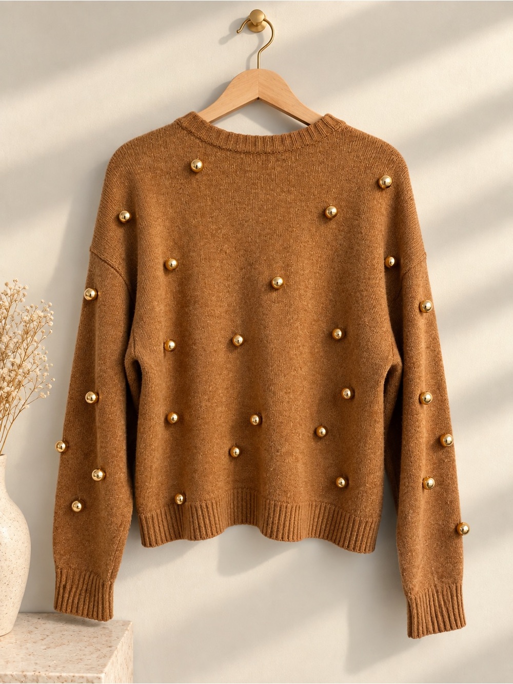 Alice + Olivia Camel Brown Gold Orb Stud Embellished Sweater S/M - Picture 3 of 5